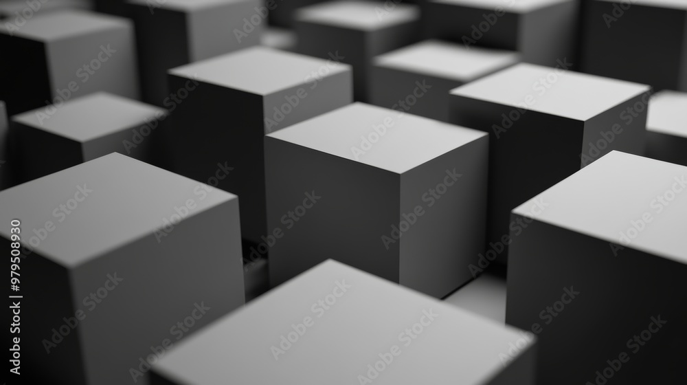3D rendering of grey, glossy blocks created by arranging them in a perfect arrangement. 3D rendering of grey, glossy blocks created by arranging them in a perfect arrangement.