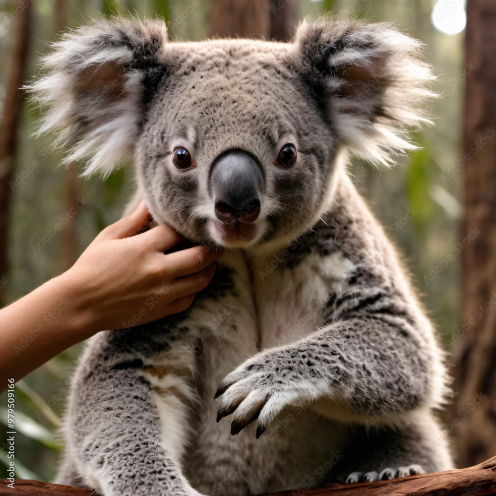 hand gently touching a koala, surrounded by lush greenery, creates a peaceful connection between humans and animals hand gently touching a koala, surrounded by lush greenery, creates a peaceful connection between humans and animals