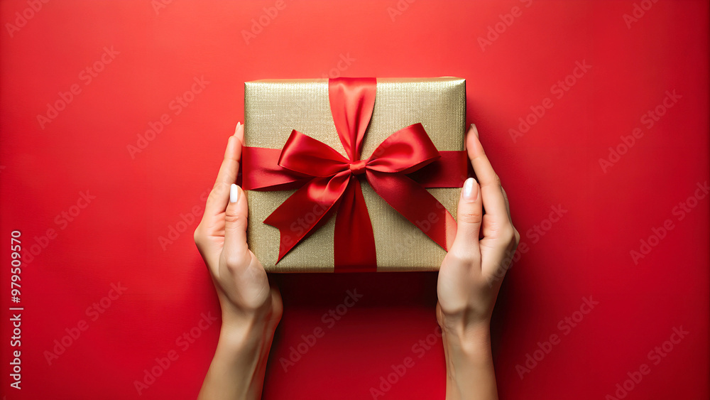 ...Beautiful female hands holding box with red bow on red background. Festive top view. ...Beautiful female hands holding box with red bow on red background. Festive top view.