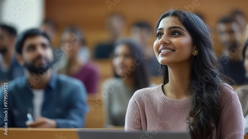 diverse classroom scene successful indian female student presenting to attentive multiethnic peers modern university setting with interactive technology