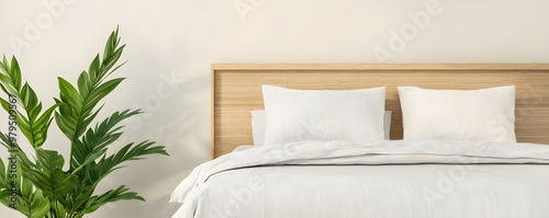 A serene bedroom scene featuring a wooden headboard, crisp white bedding, and a lush green plant, creating a relaxing and modern atmosphere.