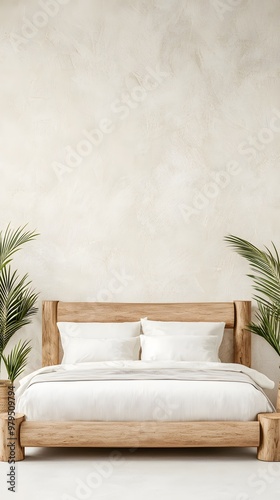 A minimalist bedroom featuring a wooden bed frame, white bedding, and two potted plants, set against a neutral-toned backdrop.