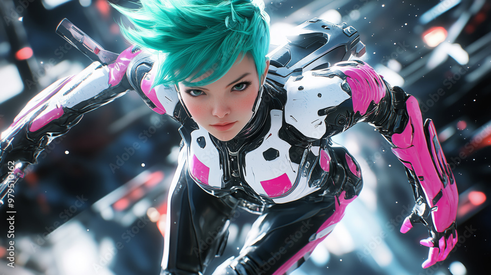 Futuristic Female Cyborg with Green Hair in Action Futuristic Female Cyborg with Green Hair in Action