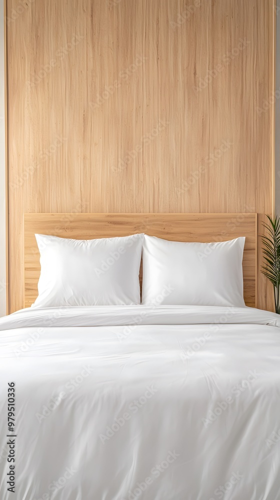 A minimalist bed with white linens and pillows against a natural wood backdrop, creating a serene and cozy atmosphere. A minimalist bed with white linens and pillows against a natural wood backdrop, creating a serene and cozy atmosphere.