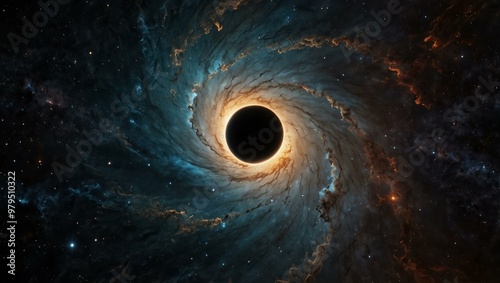 Black hole surrounded by a swirling nebula.