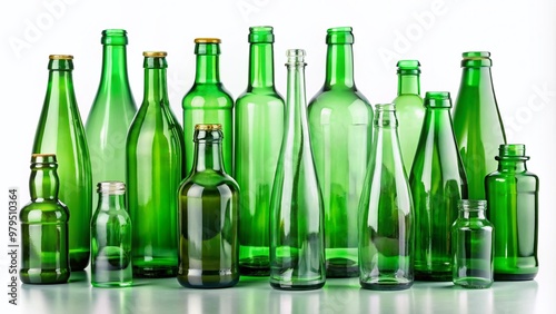 Assorted empty glass bottles with green lids in various sizes, standing upright in a row, against a clean and minimalist white background, ready for liquid refreshment.