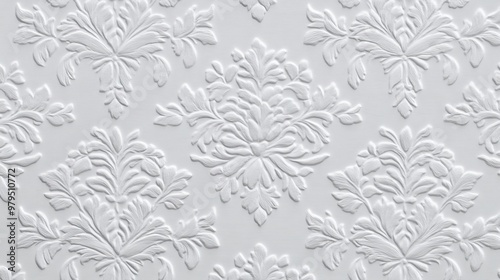 An intricate light ornamental wallpaper with a 3D baroque pattern.