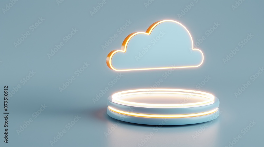 Stylish cloud icon with glowing edges on a minimalistic podium, perfect for digital concepts or technology presentations. Stylish cloud icon with glowing edges on a minimalistic podium, perfect for digital concepts or technology presentations.