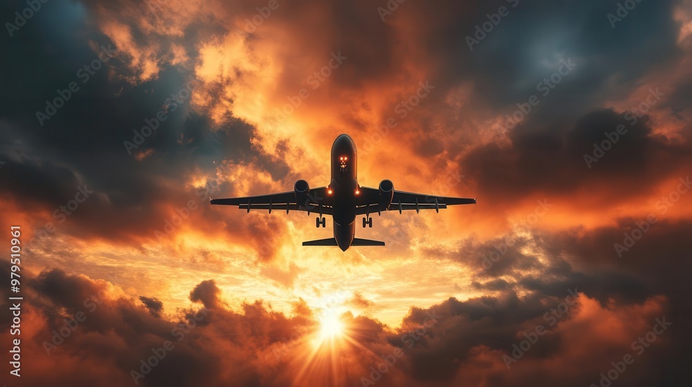 dynamic lowangle shot of passenger jet taking off at sunset with motion blur and dramatic sky in background dynamic lowangle shot of passenger jet taking off at sunset with motion blur and dramatic sky in background