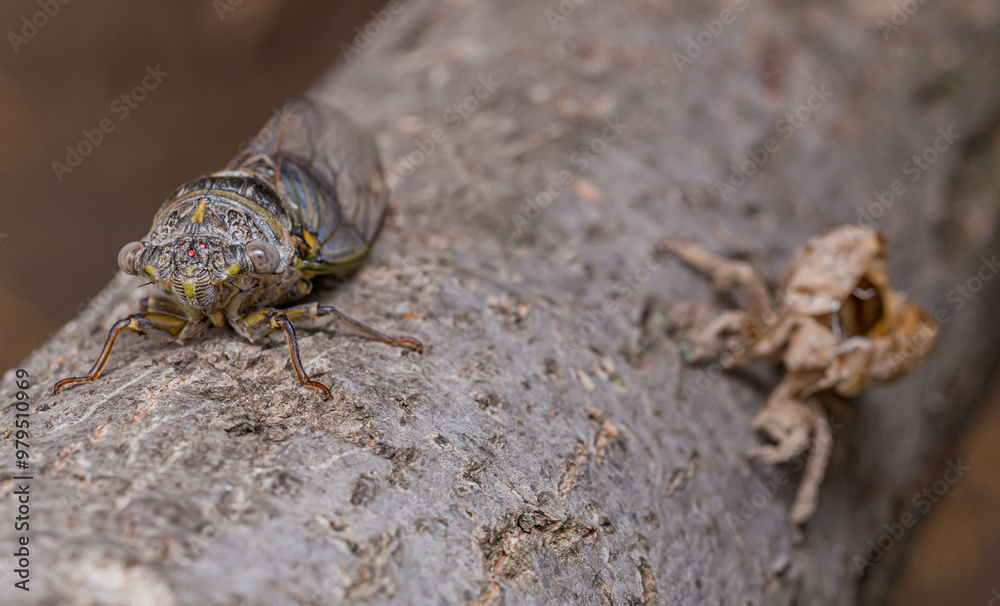Cigarras en ciudad, con exuvia, Lyristes plebejus, Cicada, Hemiptera Cigarras en ciudad, con exuvia, Lyristes plebejus, Cicada, Hemiptera