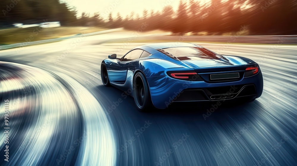 dynamic rear view of sleek blue sports car speeding around curved racetrack leaving motion blur trail in its wake dynamic rear view of sleek blue sports car speeding around curved racetrack leaving motion blur trail in its wake