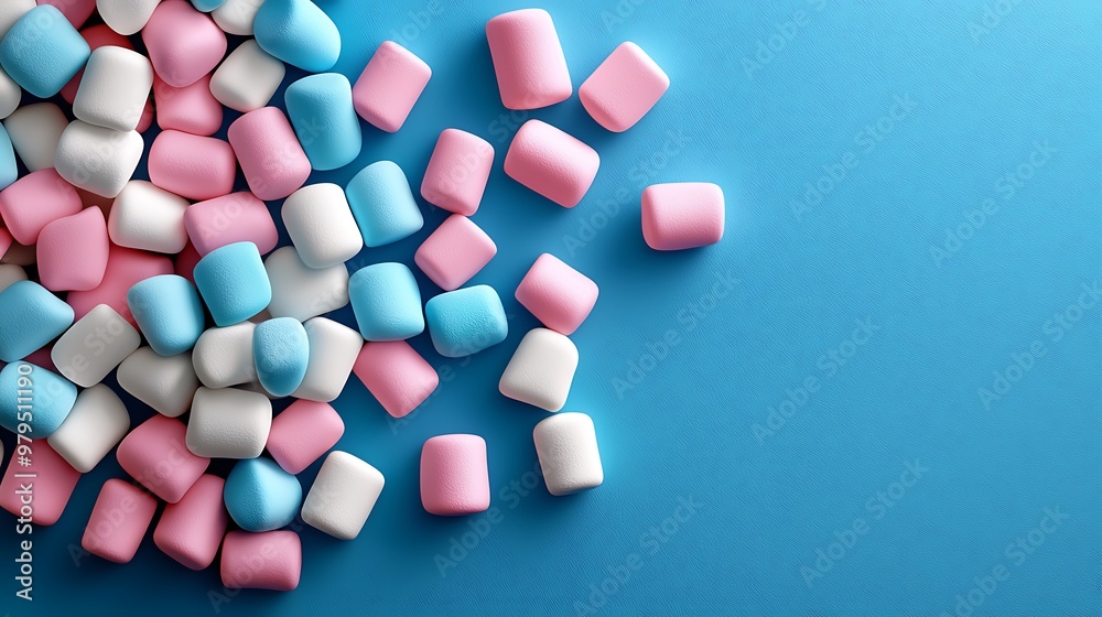 Soft, colorful marshmallows float against a serene blue background. Soft, colorful marshmallows float against a serene blue background.