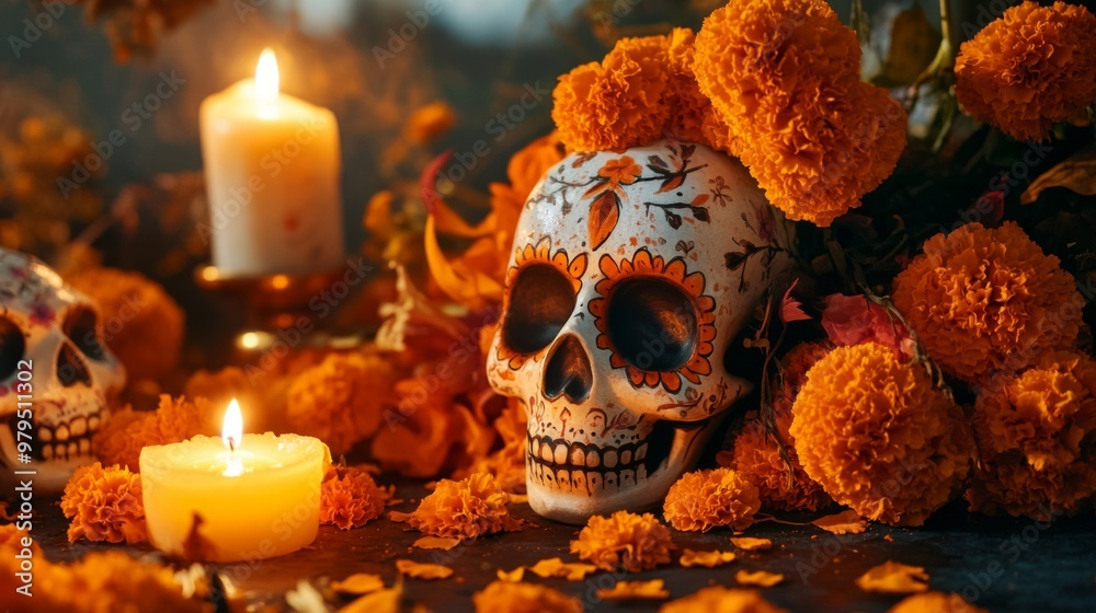 Decorated Sugar Skull Surrounded by Marigolds and Candles