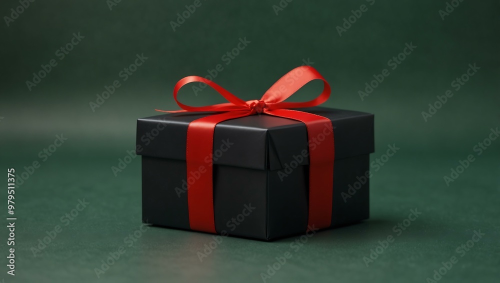 Black matte gift box with a glossy red ribbon on a green background Black matte gift box with a glossy red ribbon on a green background