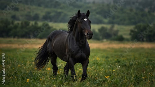 Black stallion in a field.