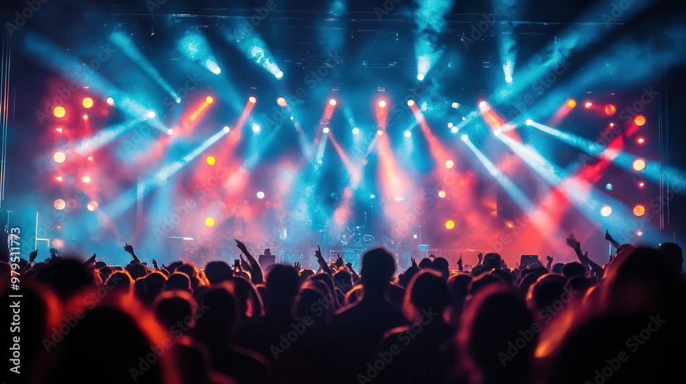 electric atmosphere of a packed concert hall illuminated by dazzling stage lights live music performance photography