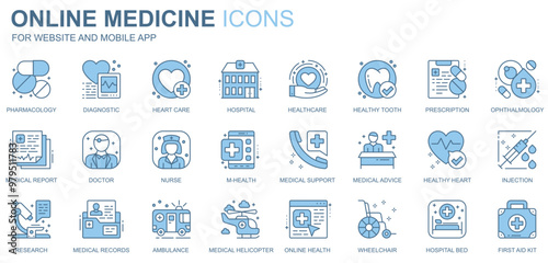 Online medicine web icons set in duotone line design. Pack of pharmacology, diagnosis, heart care, hospital, healthcare, healthy tooth, doctor, other outline stroke pictograms. Vector illustration