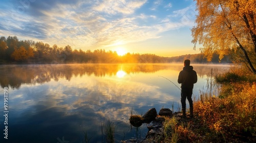 A Solitary Fisherman Silhouetted Against a Misty Sunrise Over a Calm Lake