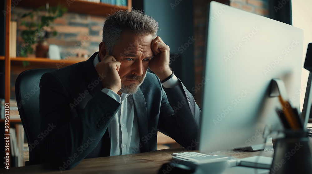 Tired businessman, working computer in office, overworked in the evening. Concept of sick, employee, manager, feeling tired, stressed, headache, negative. Tired businessman, working computer in office, overworked in the evening. Concept of sick, employee, manager, feeling tired, stressed, headache, negative.