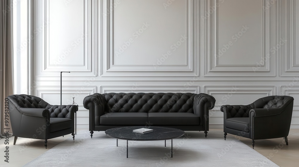 elegant black sofa and armchairs in modern art deco living room with classic paneling interior design elegant black sofa and armchairs in modern art deco living room with classic paneling interior design