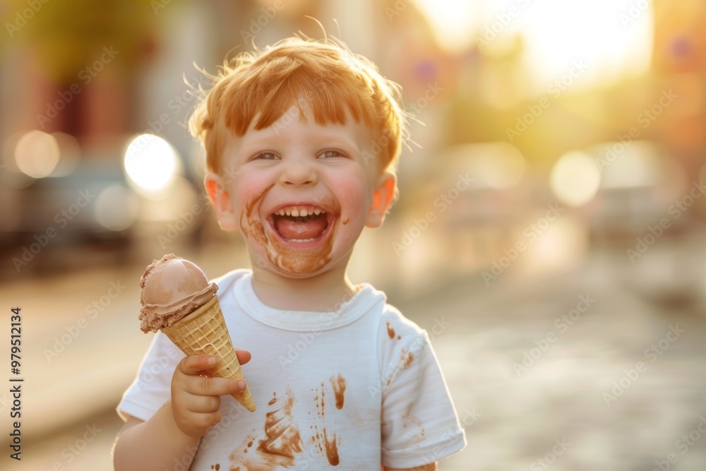 Child savors each bite of their ice cream cone. Freckled kid radiant energy playing outdoors sunshine. Allegory of innocence and boundless energy of vibrant young child. Child savors each bite of their ice cream cone. Freckled kid radiant energy playing outdoors sunshine. Allegory of innocence and boundless energy of vibrant young child.