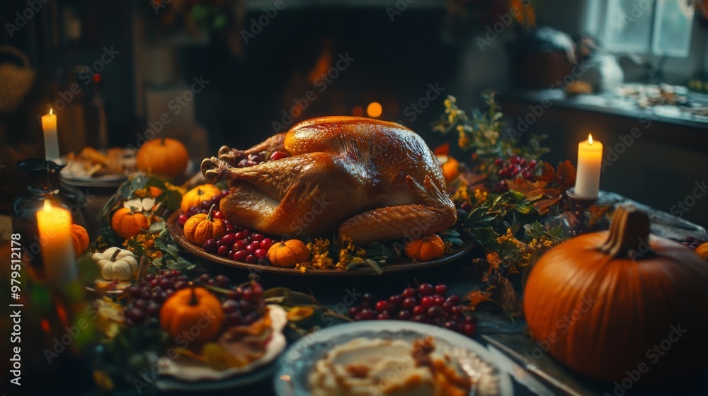 Roasted Turkey on a Table Setting with Pumpkins and Candles Roasted Turkey on a Table Setting with Pumpkins and Candles