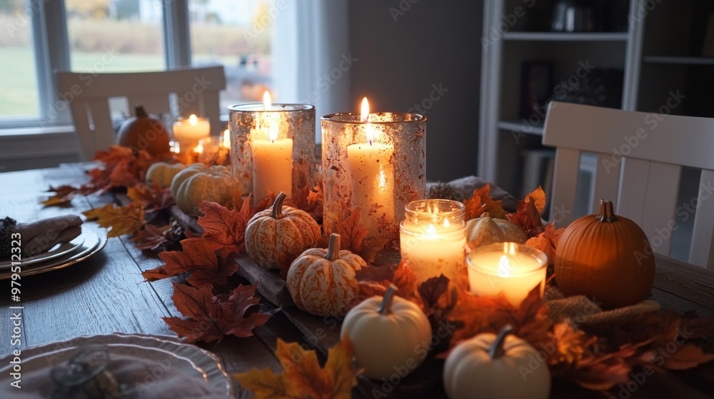 Naklejka premium Autumnal Table Setting with Candles and Pumpkins