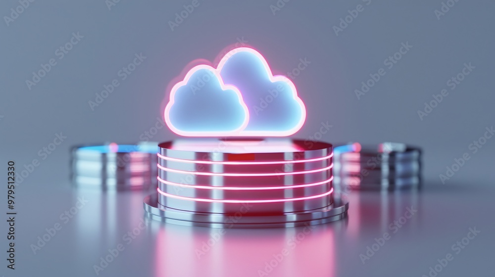 Stylish digital cloud storage concept with vibrant neon clouds above metallic disks, showcasing modern technology and data security.