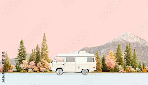 Explore the serene beauty of nature with a vintage camper surrounded by vibrant trees and majestic mountains under a pastel sky.