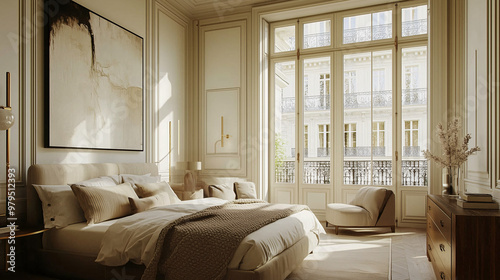 A fashion-forward Parisian bedroom with vintage accents, an oversized modern art piece, elegant French doors, and a subtle mix of textures in neutral tones