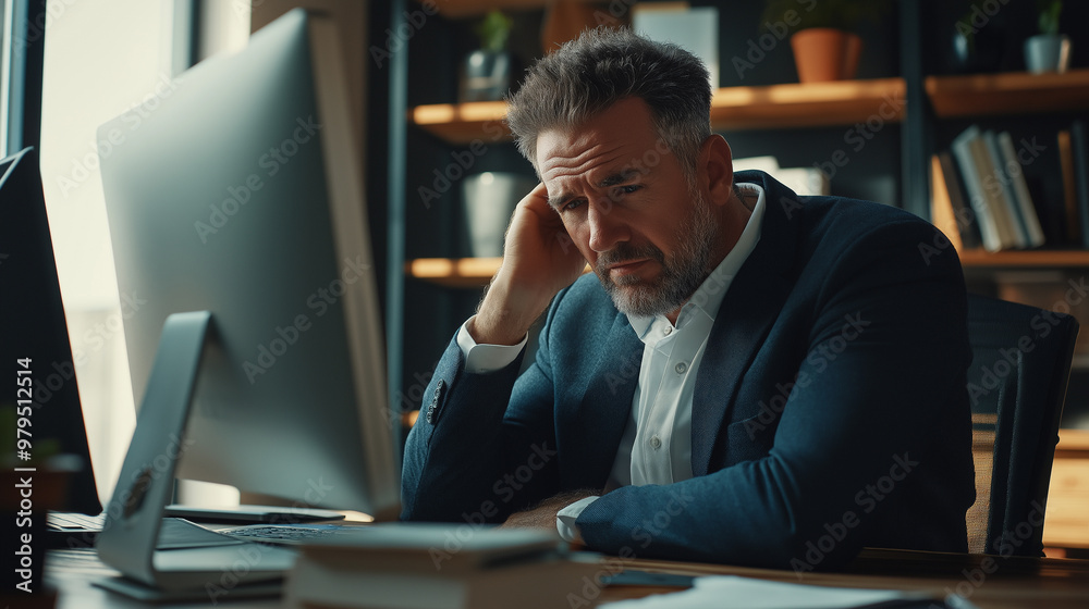 Tired businessman, working computer in office, overworked in the evening. Concept of sick, employee, manager, feeling tired, stressed, headache, negative. Tired businessman, working computer in office, overworked in the evening. Concept of sick, employee, manager, feeling tired, stressed, headache, negative.