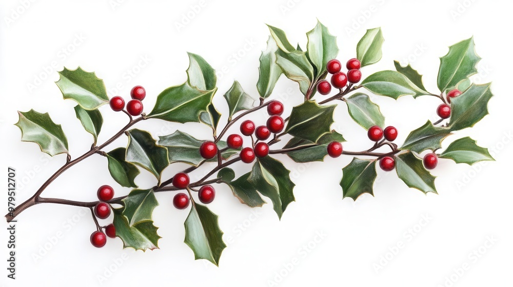 Obraz premium elegant sprig of european holly with glossy green leaves and bright red berries set against a crisp white background