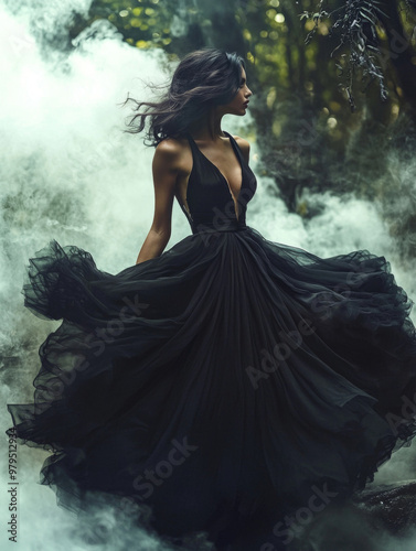 A woman in a black dress is dancing in the air with smoke surrounding her