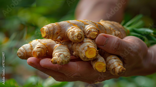 A hand holds a handful of fresh turmeric root, the vibrant yellow flesh peeking out.  The green foliage of the plant is in the background.