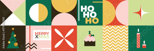 Christmas geometric seamless pattern, mosaic elements. Christmas symbols, bauhaus style