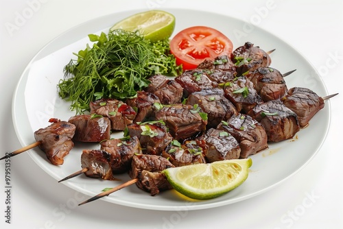 Front View of Turkish Liver Kebap (Ciger Sis): Skewered and Grilled Liver Pieces on a White Background photo