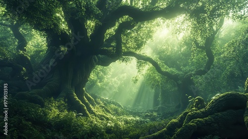 enchanted forest bathed in ethereal green light ancient trees with gnarled roots create a mystical atmosphere dappled sunlight filtering through dense canopy