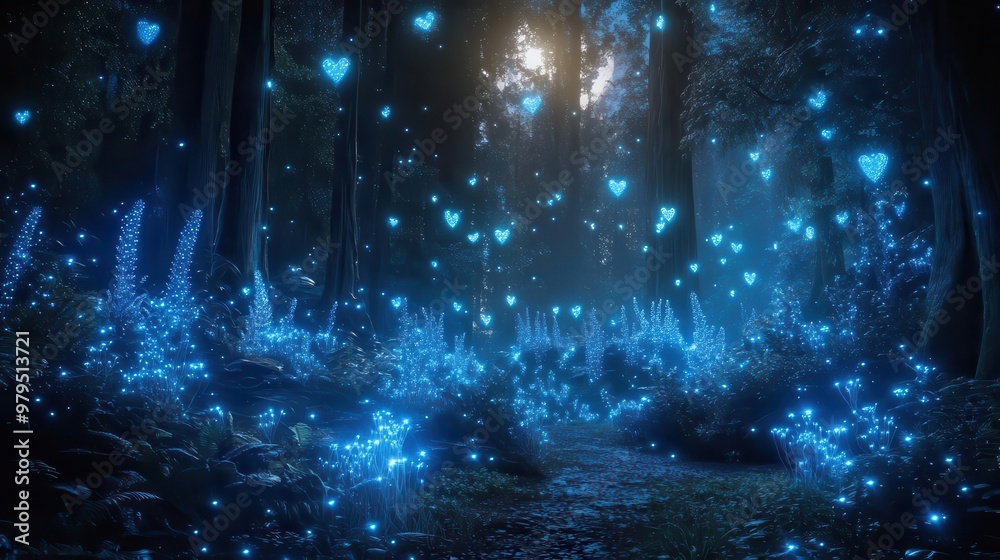 Naklejka premium enchanted forest bathed in ethereal moonlight bioluminescent flora floating wisps and crystalline structures create magical nighttime landscape