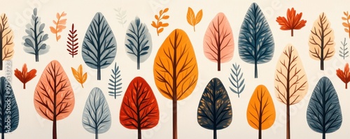 Colorful illustration of various trees and leaves representing the beauty of nature in autumn season.