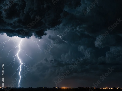 Blue lightning strikes through dark clouds with a sparkling effect.