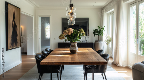 A formal dining room with a vintage wooden table, complemented by sleek, modern light fixtures and contemporary art on the walls, blending old and new photo