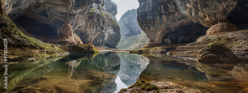 A rugged karst cave system, with labyrinthine passageways and hidden chambers filled with stunning rock formations and underground rivers photo