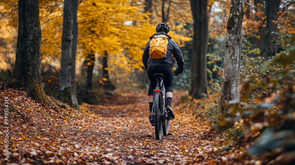 Fototapeta premium Person riding a bike through a forest with autumn leaves
