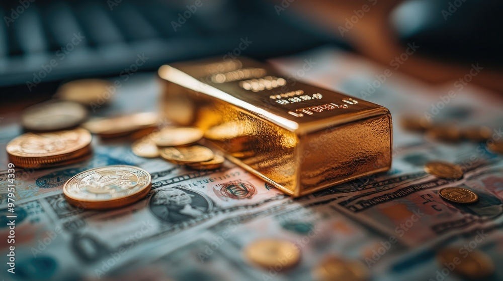A gold bar and international currency spread out on a desk A gold bar and international currency spread out on a desk