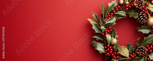 Christmas ceremony invitation with a red and gold color scheme, nestled in a wreath of holly and berries, warm and festive