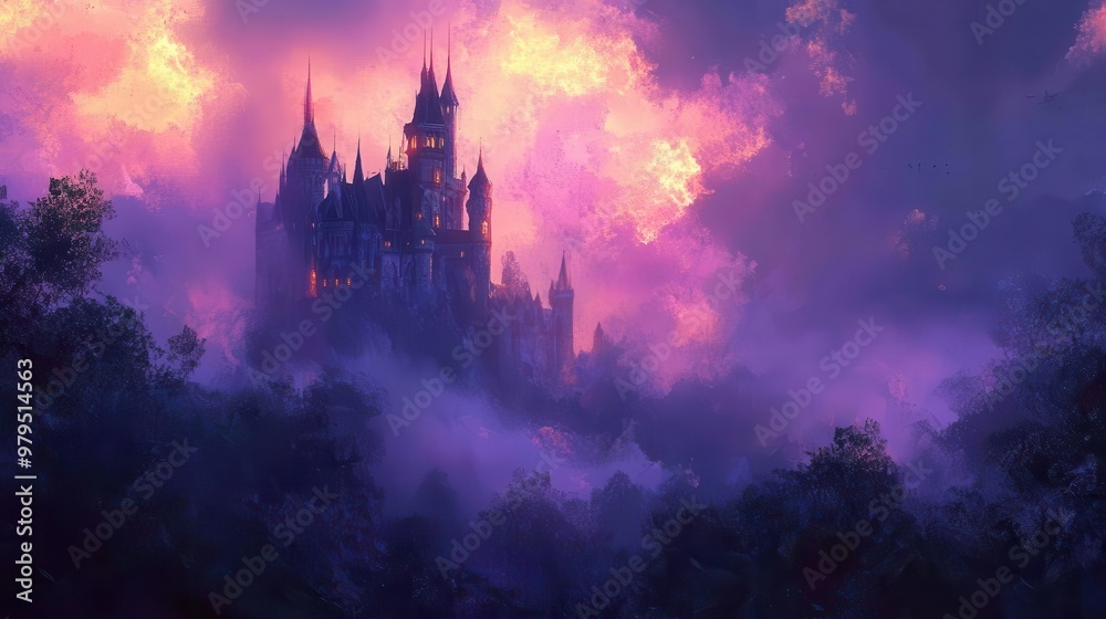 Fototapeta premium enchanting fairy tale castle at dusk dreamy landscape digital painting