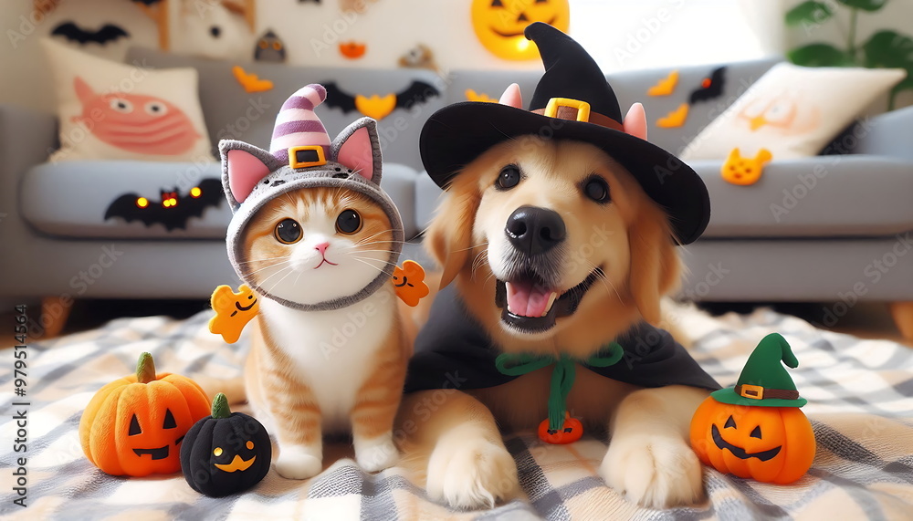 cute Cat and dog in Halloween Costume with Pumpkins, Halloween Background cute Cat and dog in Halloween Costume with Pumpkins, Halloween Background