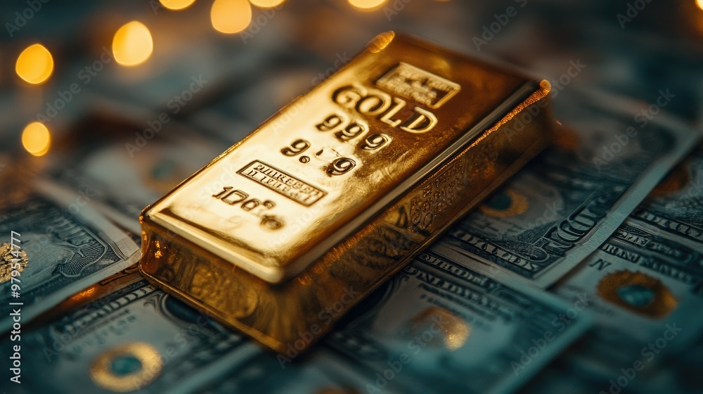 A gold bar and international currency spread out on a desk A gold bar and international currency spread out on a desk