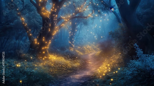 enchanting fairy tale forest at night magical fantasy landscape with glowing lights