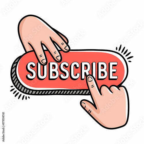 A subscribe button with hands reaching out to press it, doodle illustration